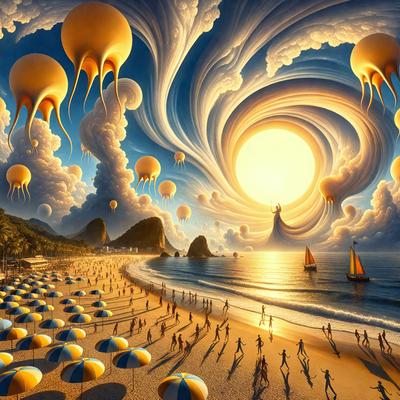 The primary subject of the image is a beach scene with a large number of people walking along the shore. The setting is a sandy beach with a clear blue sky overhead. The visual style is a combination of digital art and illustration, creating a vibrant and lively atmosphere. The colors and mood are predominantly warm and inviting, with the sun shining brightly and the people enjoying their time at the beach.